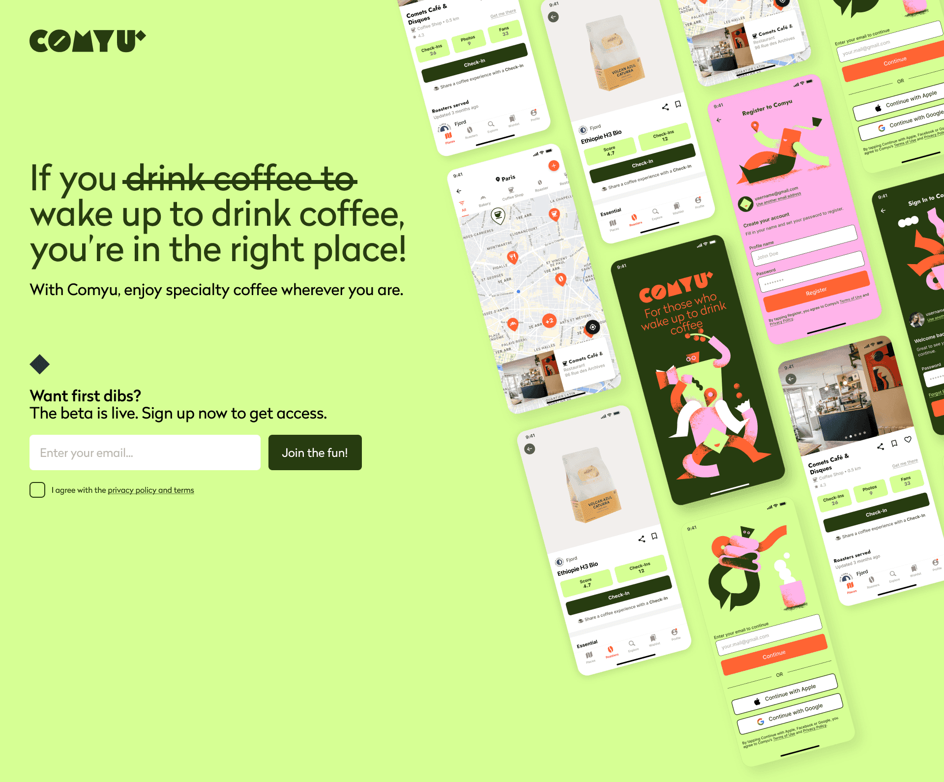 The Comyu landing page next to screens of the mobile app