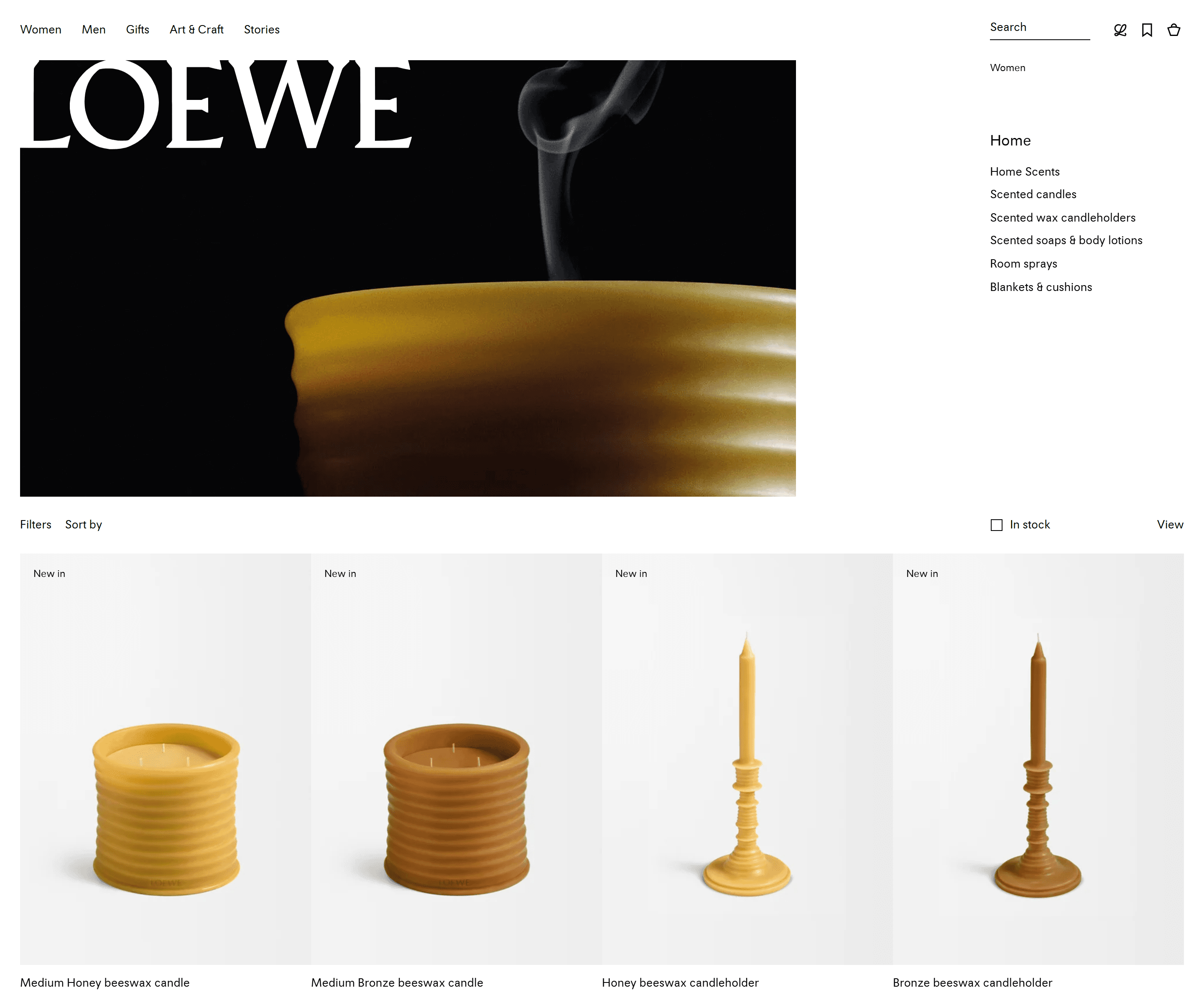 The LOEWE Perfumes website, home scents category page