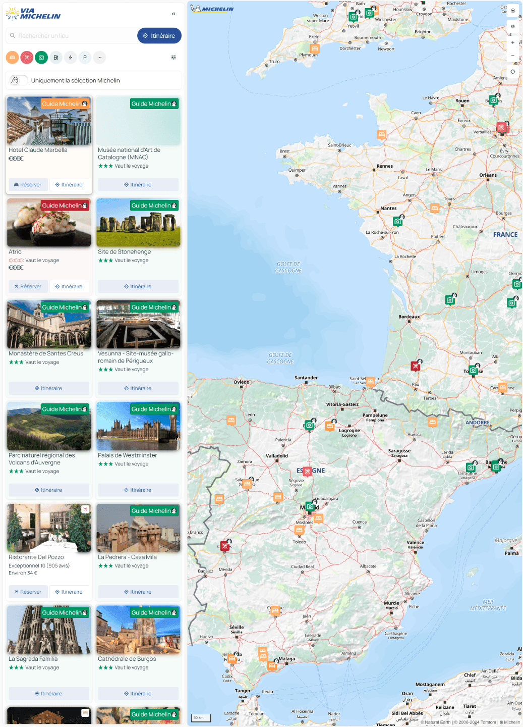 The ViaMichelin map with a list of Michelin Guide places